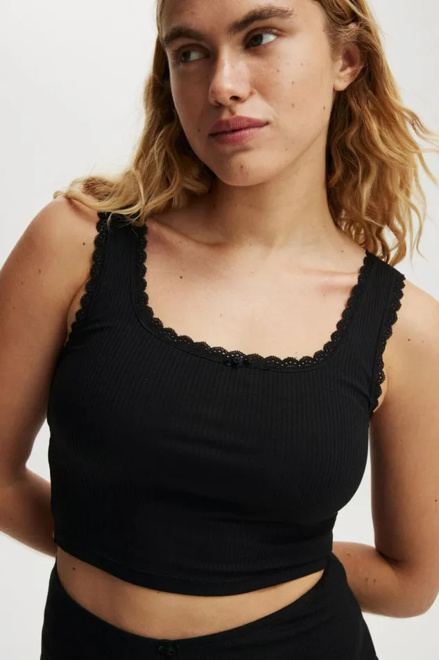 Women Tops Cotton On Rib Lace Tank Black Women Tops Cotton On Rib Lace Tank Black