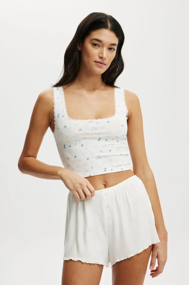 Women Tops Cotton On Rib Lace Tank Maeve Disty Blue