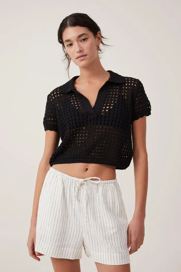 Women Tops Cotton On Seaspray Polo Short Sleeve Pullover Black