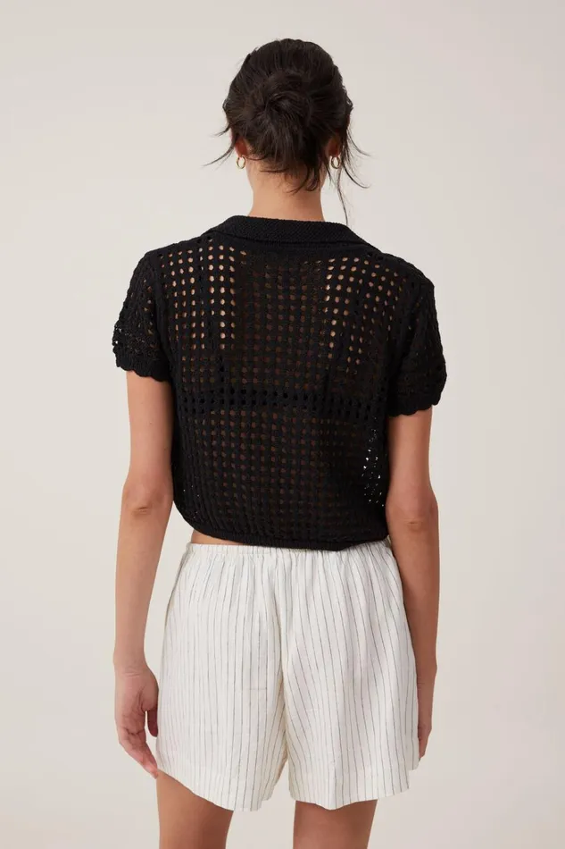 Women Tops Cotton On Seaspray Polo Short Sleeve Pullover Black