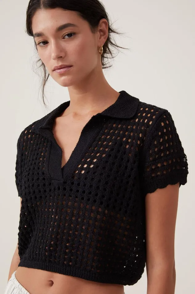 Women Tops Cotton On Seaspray Polo Short Sleeve Pullover Black