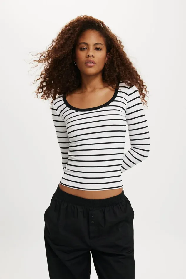 Women Tops Cotton On Staple Rib Scoop Neck Long Sleeve Top Remi Stripe Whiteblack