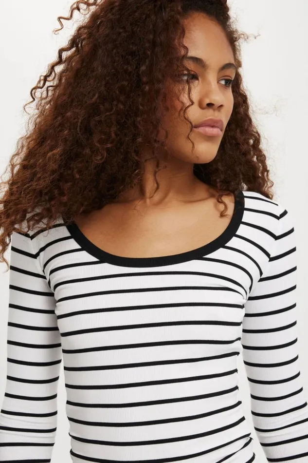 Women Tops Cotton On Staple Rib Scoop Neck Long Sleeve Top Remi Stripe Whiteblack Women Tops Cotton On Staple Rib Scoop Neck Long Sleeve Top Remi Stripe Whiteblack