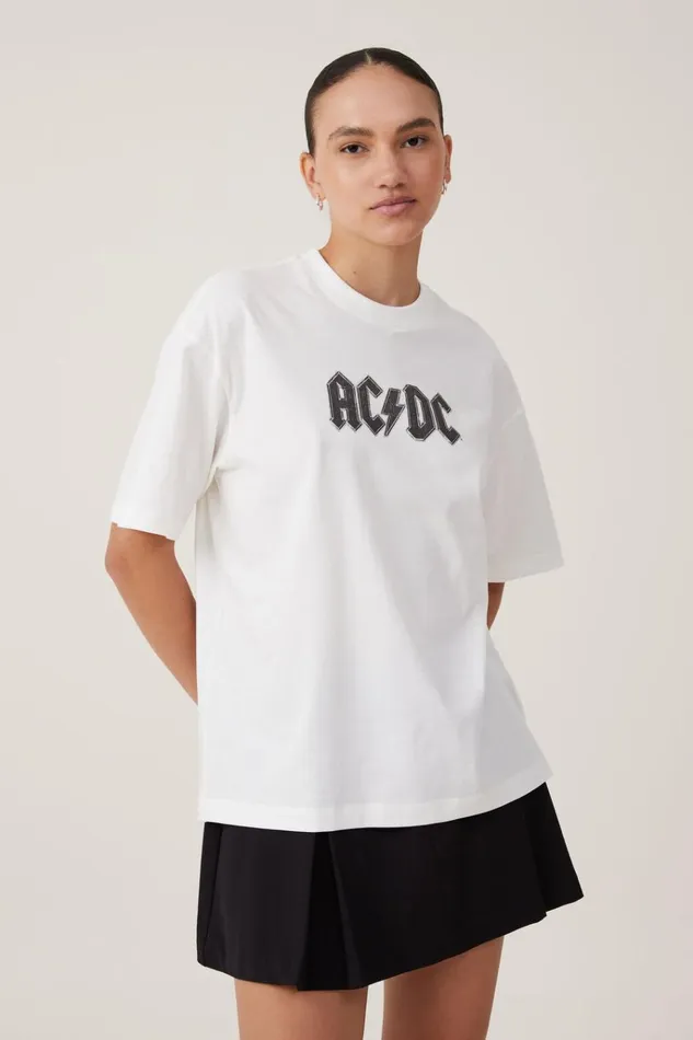 Women Tops Cotton On The Lcn Boxy Graphic Tee Lcn Per Acdc 1985 Tour Vintage White