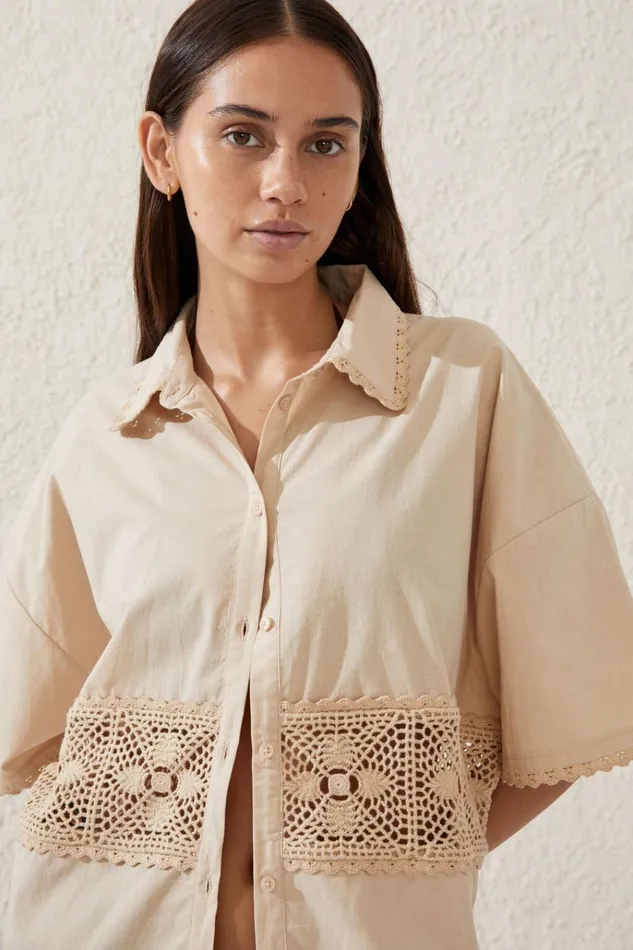 Women Tops Cotton On The Vacation Beach Shirt Natural