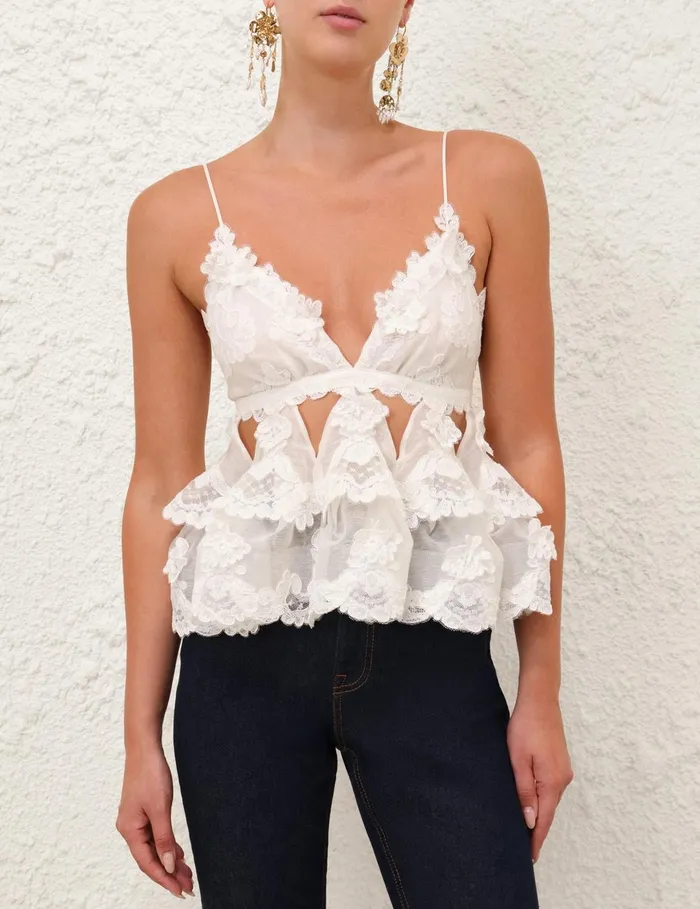 Women Tops Zimmermann Crush Lace Motif Tiered Top Ivory