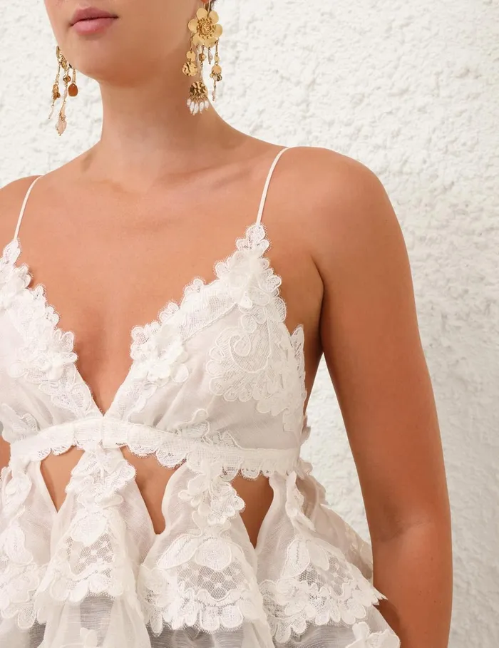 Women Tops Zimmermann Crush Lace Motif Tiered Top Ivory