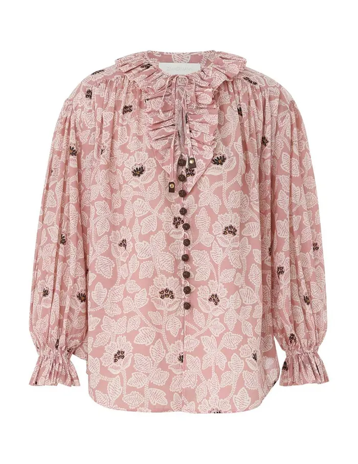 Women Tops Zimmermann Ottie Ruffle Neck Top Dusty Rose Floral