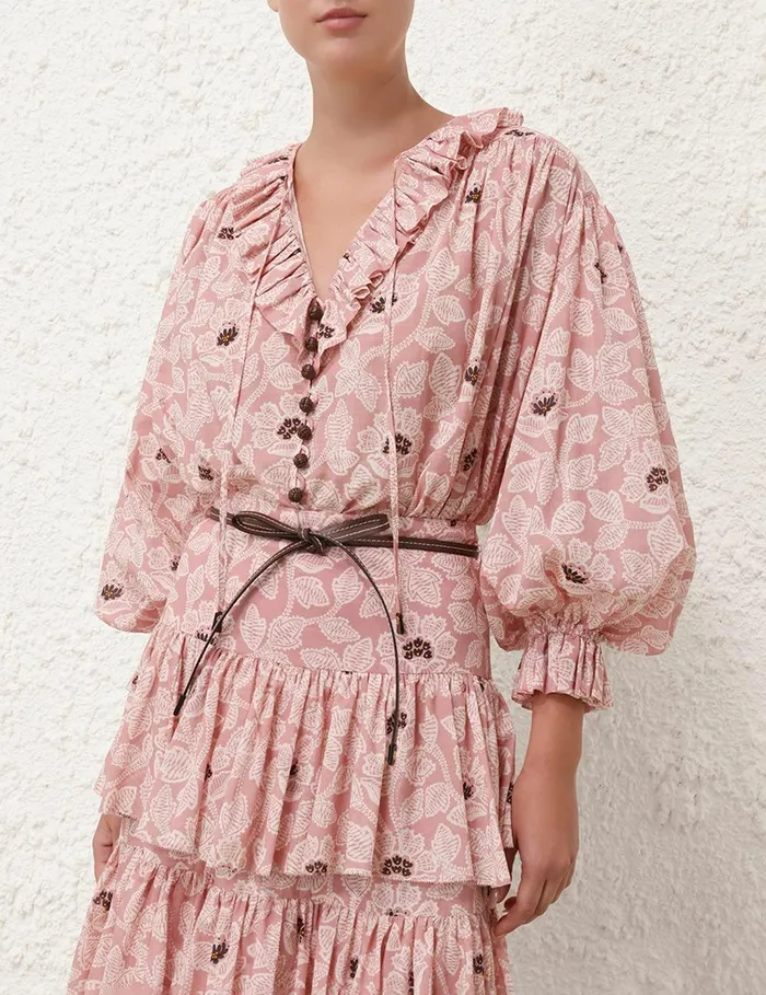 Women Tops Zimmermann Ottie Ruffle Neck Top Dusty Rose Floral