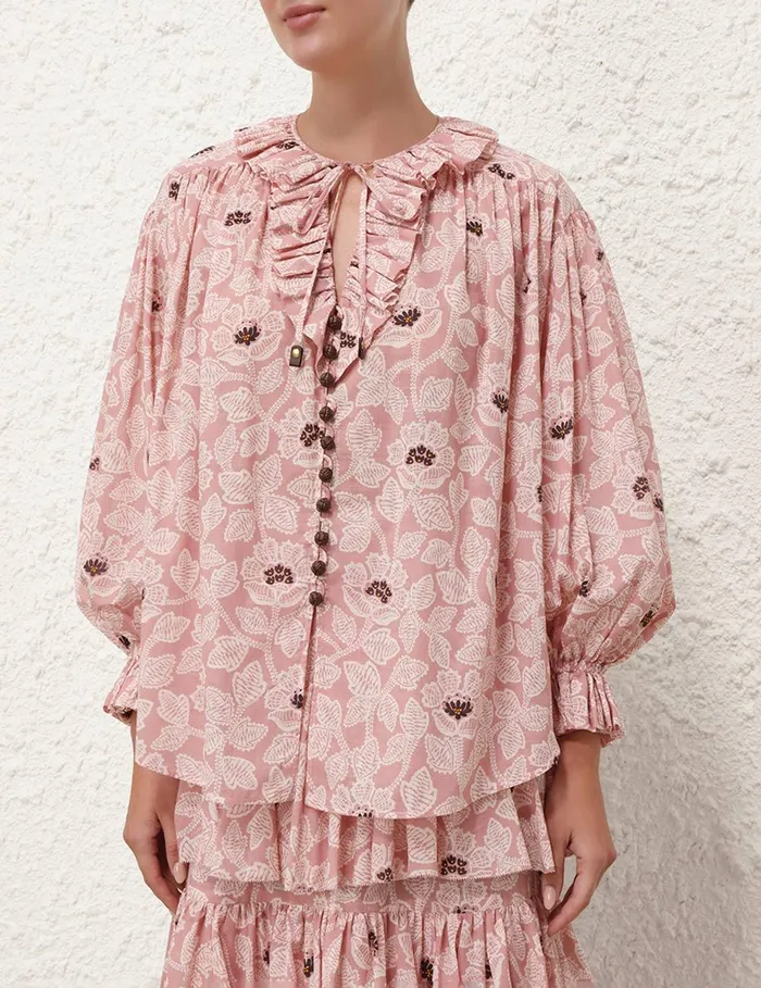 Women Tops Zimmermann Ottie Ruffle Neck Top Dusty Rose Floral