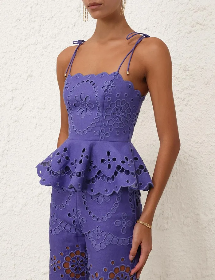 Women Tops Zimmermann Pop Embroidered Scallop Top Blue