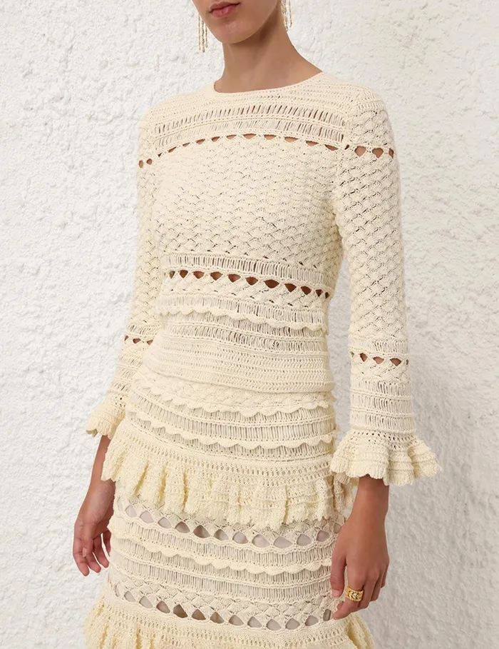 Women Tops Zimmermann Waverly Crochet Crew Neck Top Cream