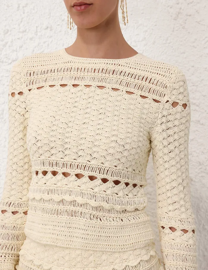 Women Tops Zimmermann Waverly Crochet Crew Neck Top Cream