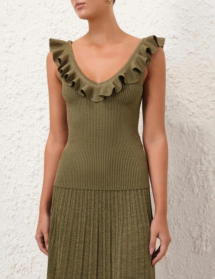 Women Tops Zimmermann Wylie Frill VNeck Top Dusty Olivegold