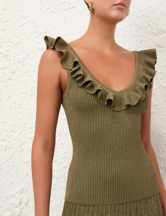 Women Tops Zimmermann Wylie Frill VNeck Top Dusty Olivegold