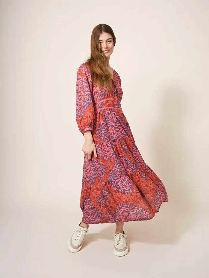 Women White Stuff Dresses Jenna Printed Midi Dress Red Multi