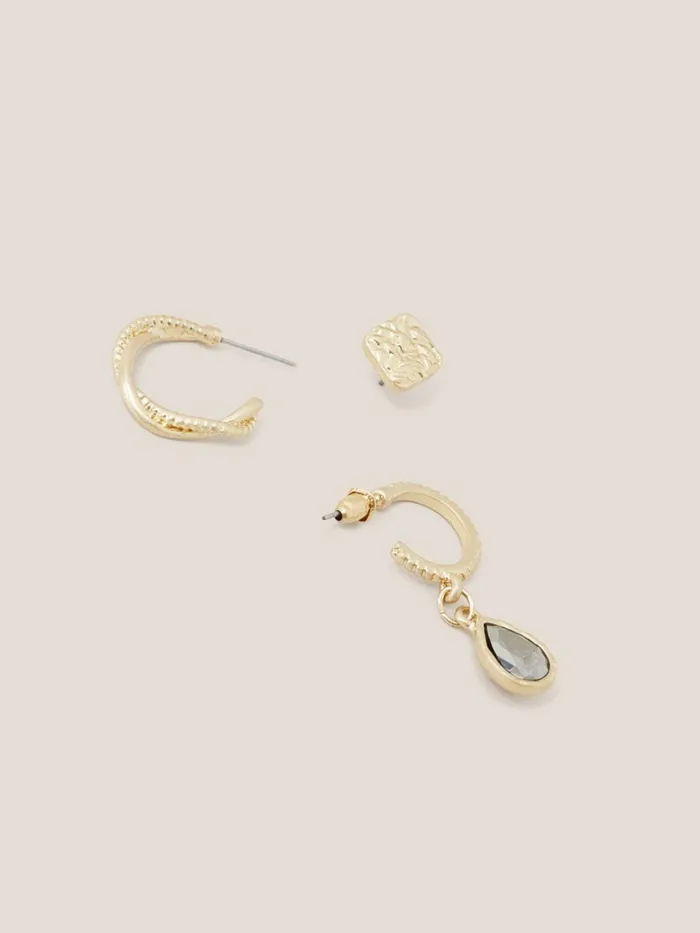 Women White Stuff Jewellery 3 Pack Stud Hoop Earrings Gold Tone Metallic Women White Stuff Jewellery 3 Pack Stud Hoop Earrings Gold Tone Metallic