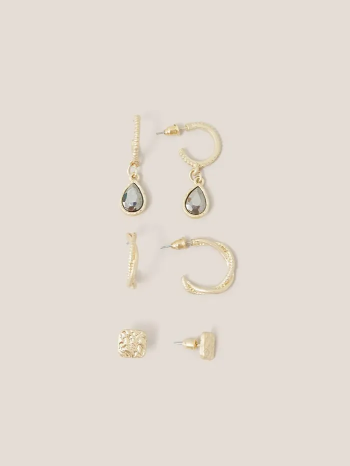 Women White Stuff Jewellery 3 Pack Stud Hoop Earrings Gold Tone Metallic Women White Stuff Jewellery 3 Pack Stud Hoop Earrings Gold Tone Metallic