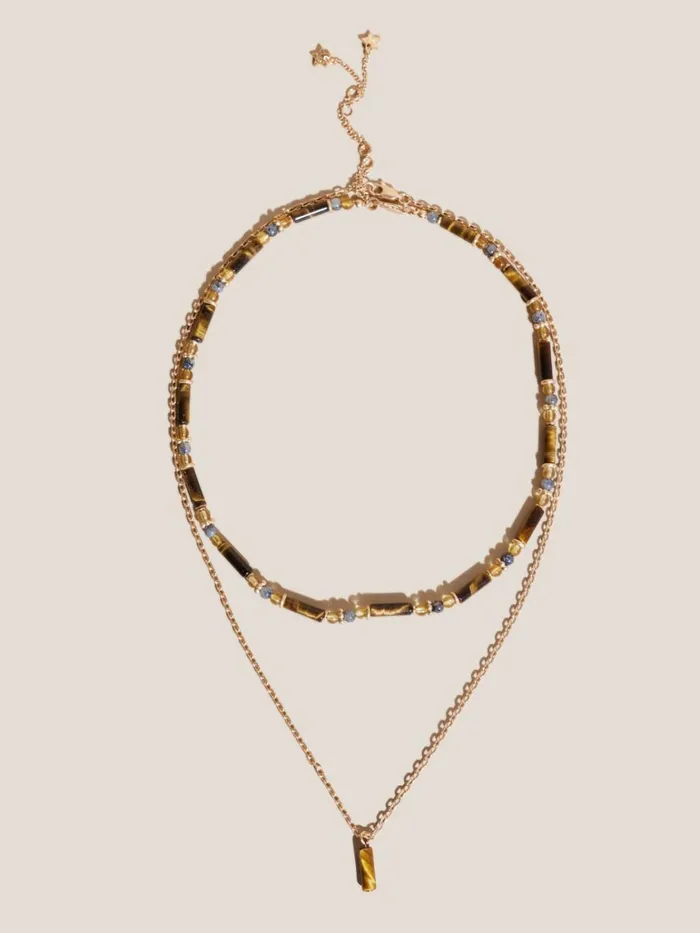 Women White Stuff Jewellery Two Row Bead Stone Necklace Orange Multi