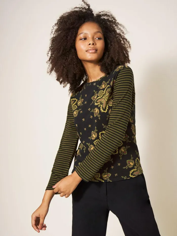 Women White Stuff Tops And Tshirts WHISPER SOFT COTTON TEE Black Print