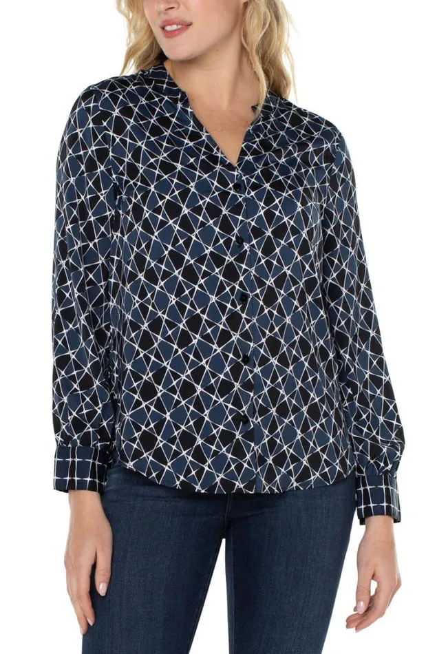 WOVEN TOPS Women Liverpool Los Angeles BUTTON FRONT SHIRT WITH BANDED COLLAR Stargazing Twin Print WOVEN TOPS Women Liverpool Los Angeles BUTTON FRONT SHIRT WITH BANDED COLLAR Stargazing Twin Print