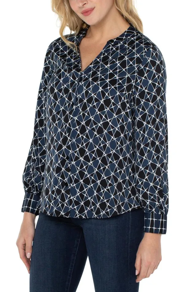 WOVEN TOPS Women Liverpool Los Angeles BUTTON FRONT SHIRT WITH BANDED COLLAR Stargazing Twin Print