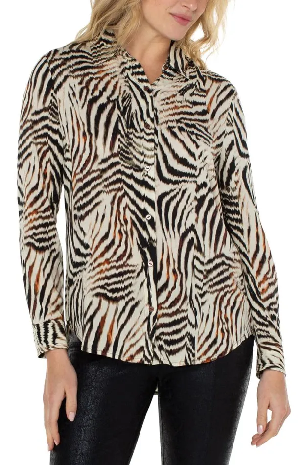 WOVEN TOPS Women Liverpool Los Angeles BUTTON UP WOVEN BLOUSE Allover Patchwork Animal Print WOVEN TOPS Women Liverpool Los Angeles BUTTON UP WOVEN BLOUSE Allover Patchwork Animal Print