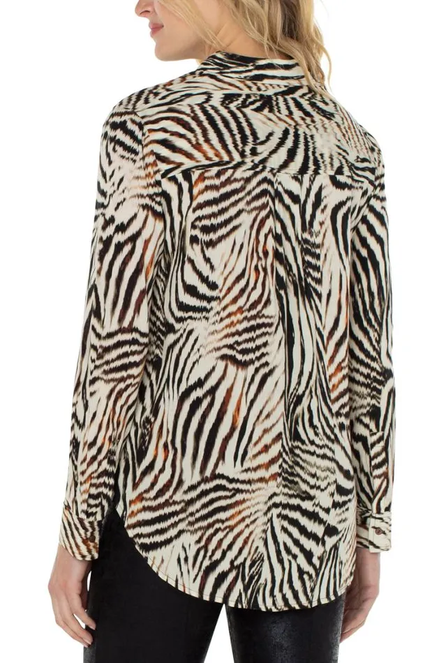 WOVEN TOPS Women Liverpool Los Angeles BUTTON UP WOVEN BLOUSE Allover Patchwork Animal Print