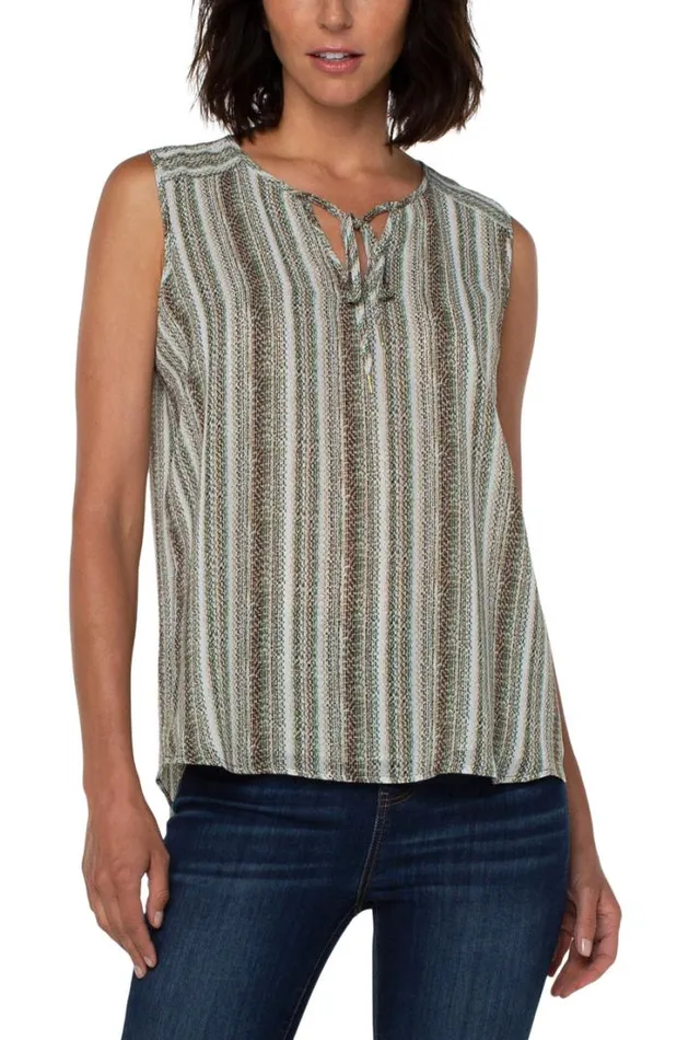 WOVEN TOPS Women Liverpool Los Angeles SHIRRED SLEEVELESS BLOUSE WITH NECK TIES Allover Painted Stripe