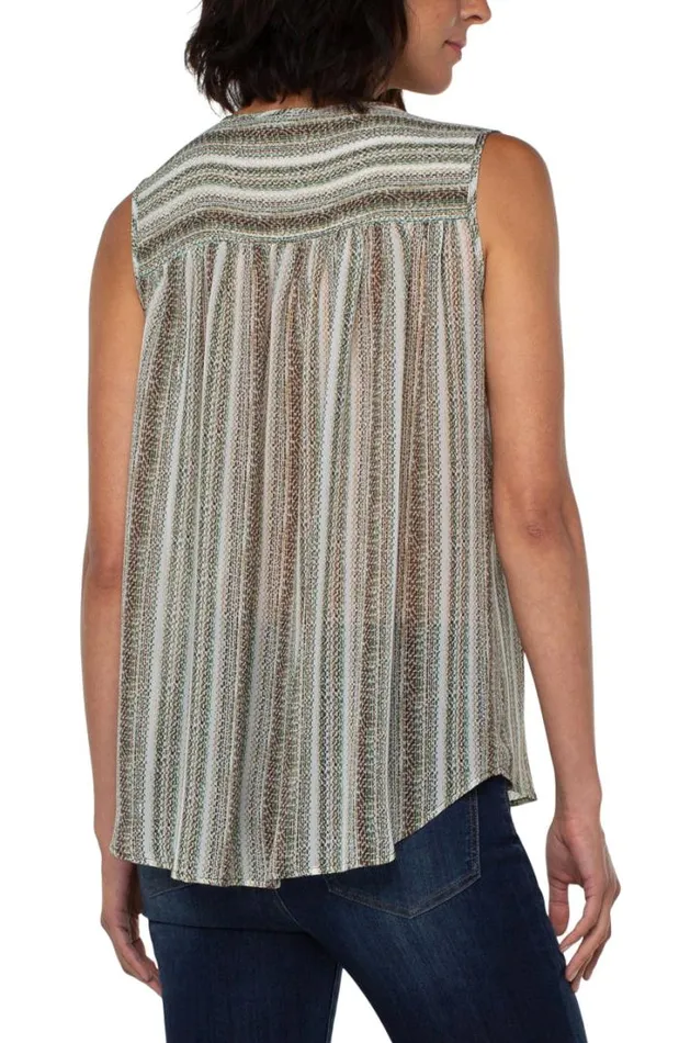 WOVEN TOPS Women Liverpool Los Angeles SHIRRED SLEEVELESS BLOUSE WITH NECK TIES Allover Painted Stripe