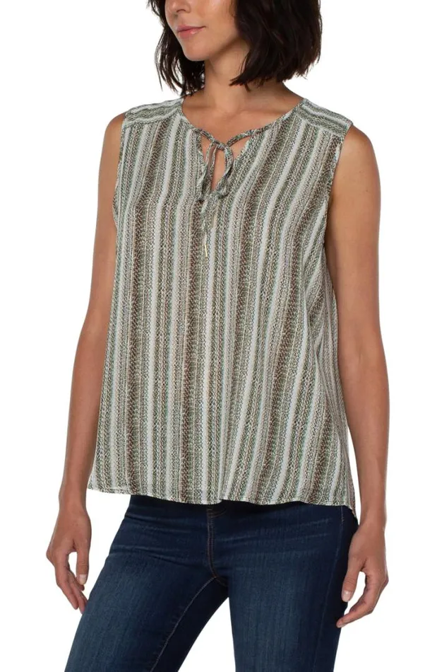 WOVEN TOPS Women Liverpool Los Angeles SHIRRED SLEEVELESS BLOUSE WITH NECK TIES Allover Painted Stripe