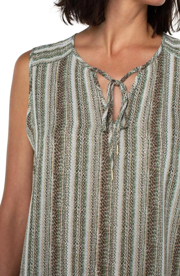 WOVEN TOPS Women Liverpool Los Angeles SHIRRED SLEEVELESS BLOUSE WITH NECK TIES Allover Painted Stripe